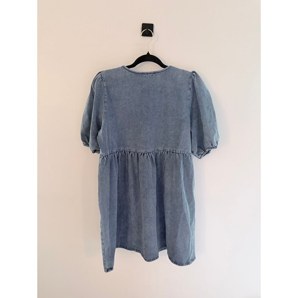 NWT ABLE Tie-Front Denim Babydoll Puff Sleeve Mini Dress-Size L - Picture 7 of 7